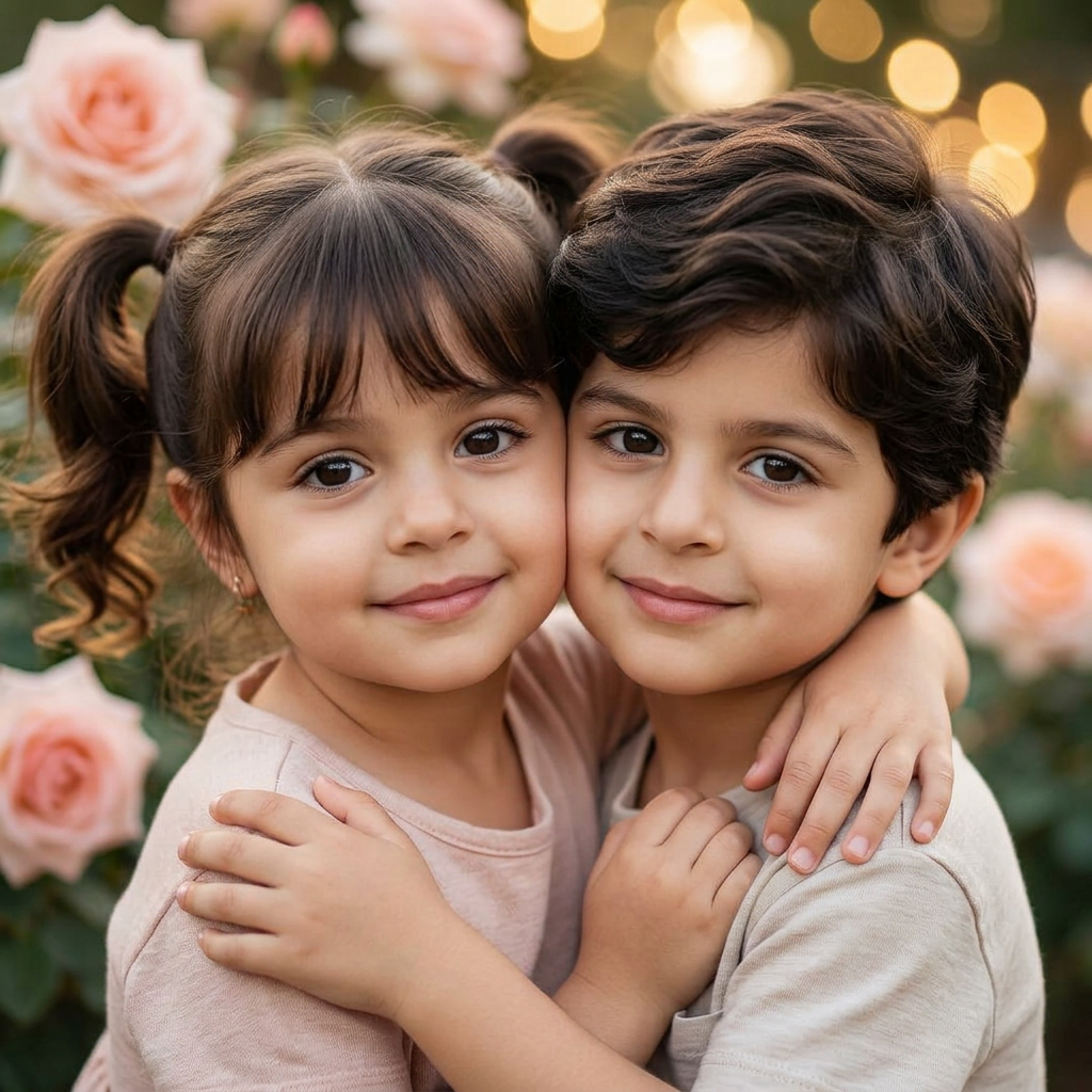 The bride and groom as children hugging