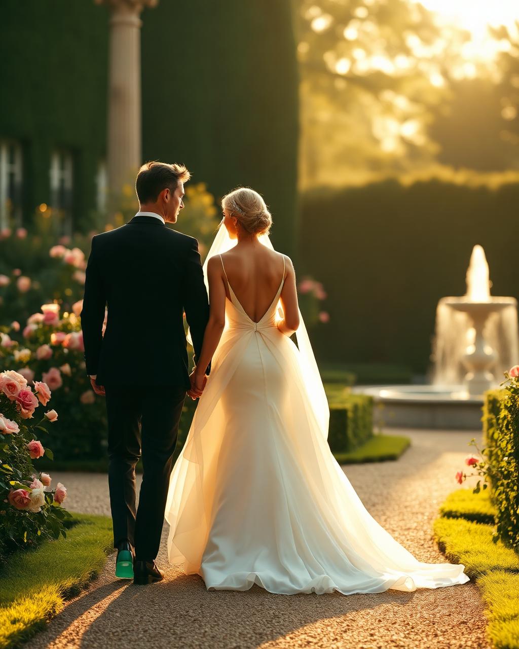 The couple walking through the chateau gardens