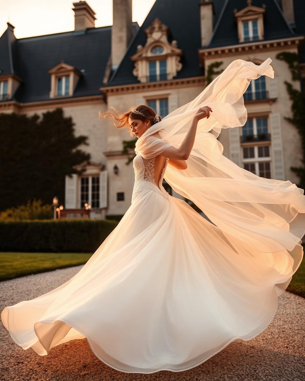 Bride twirling in front of the chateau